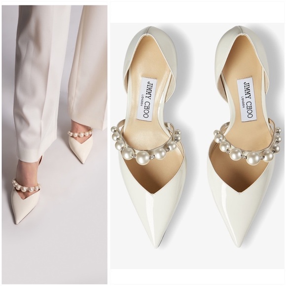 New Jimmy Choo Aurelie 65 Latte Patent Leather Pointed Pumps with Pears $995 - Picture 3 of 14